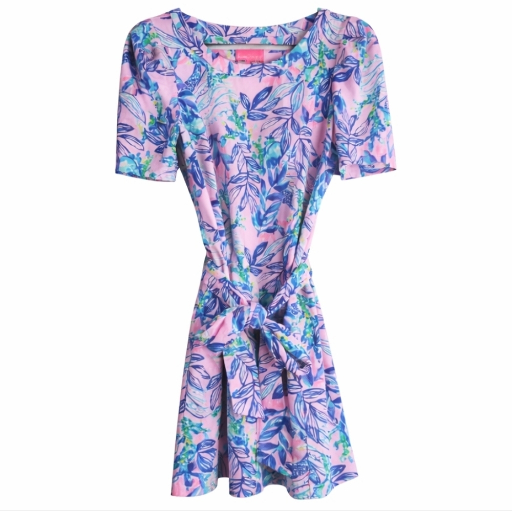 Lilly Pulitzer Harriet Tie Waist Tropical Knit Dress Lilac Rose Pink Blue XL